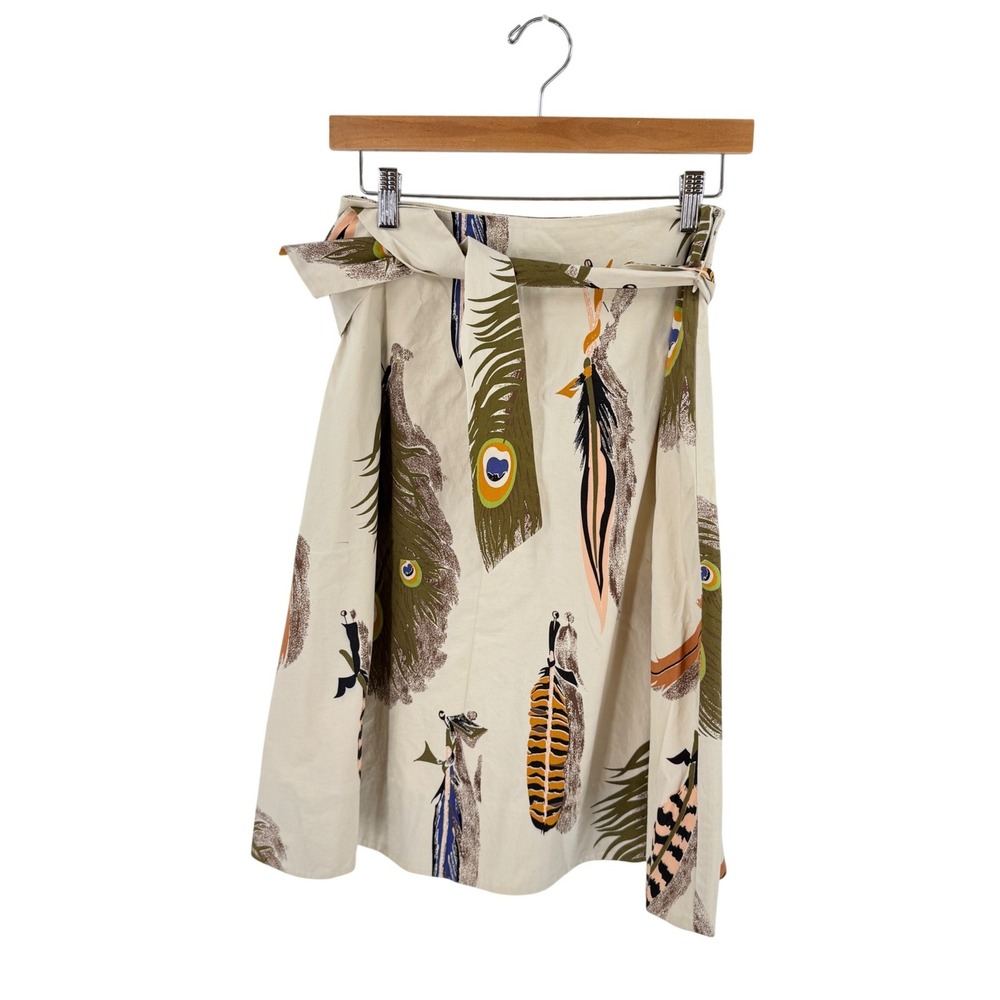 Anthropologie Odille Peacock Feather Print Skirt Tan 2 Bohemian Retro Whimsigoth